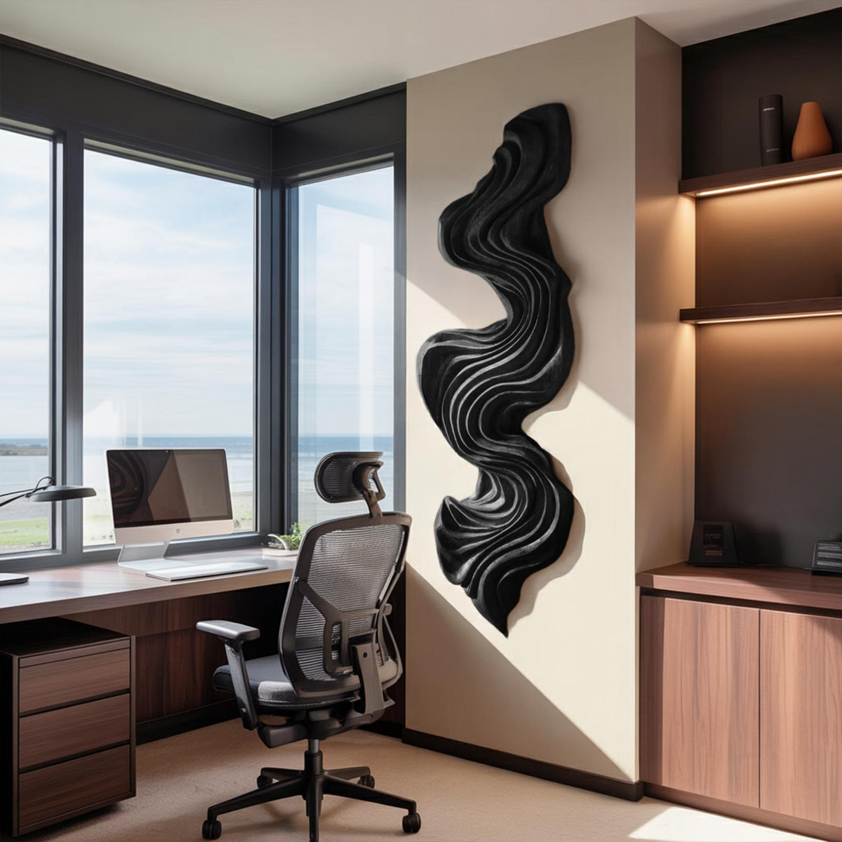 Artisan Vertical Wave Wall Sculpture, Abstract 3D Carved Wood Wall Art Panel for Living Room & Hallway
