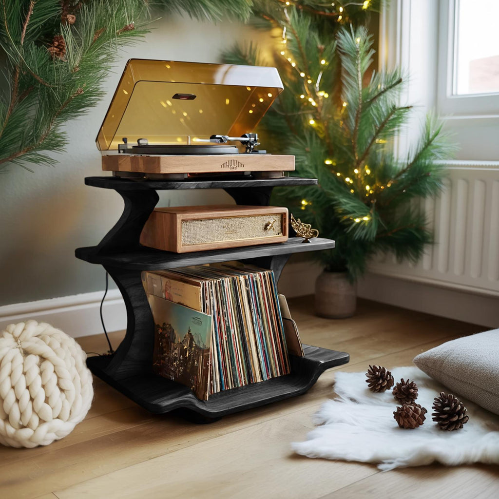Mid Century Wooden Record Player Stand, Handcrafted LP Album Vinyl Storage Shelf for Christmas Home Decor