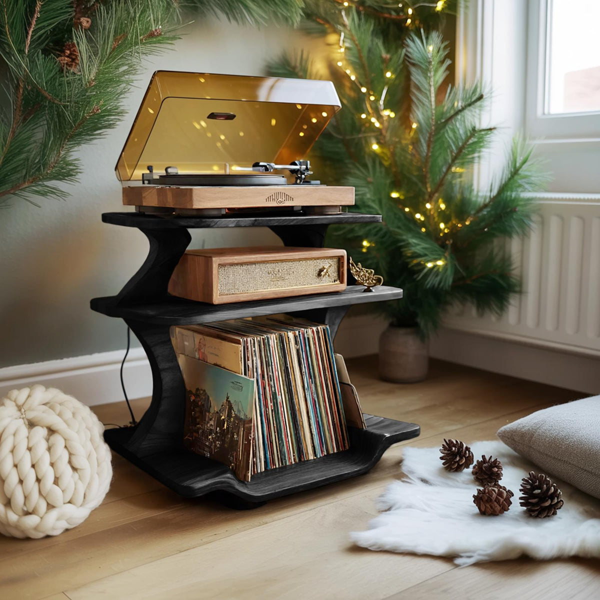 Mid Century Wooden Record Player Stand, Handcrafted LP Album Vinyl Storage Shelf for Christmas Home Decor