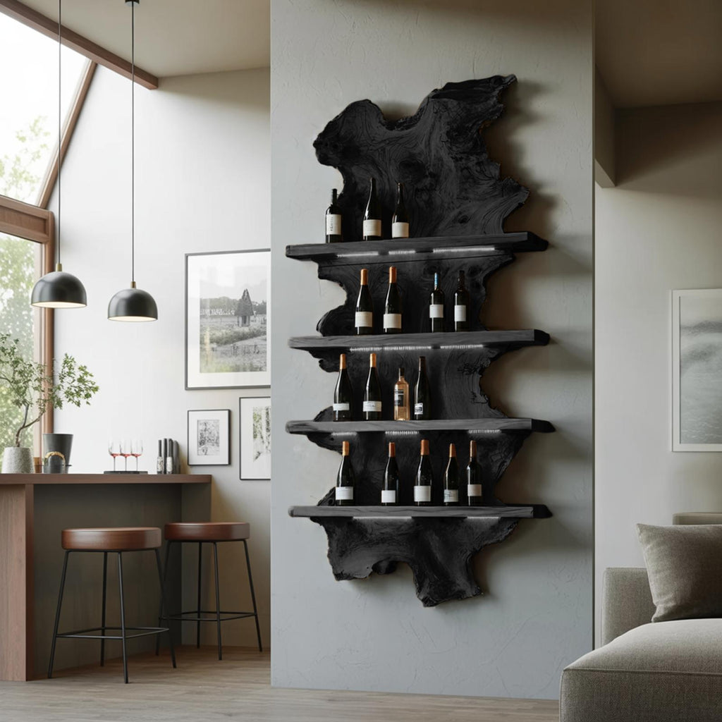 Mid Century Live Edge Wooden Wine Holder, Handcrafted Solid Wood Bottle Display Stand for Bar
