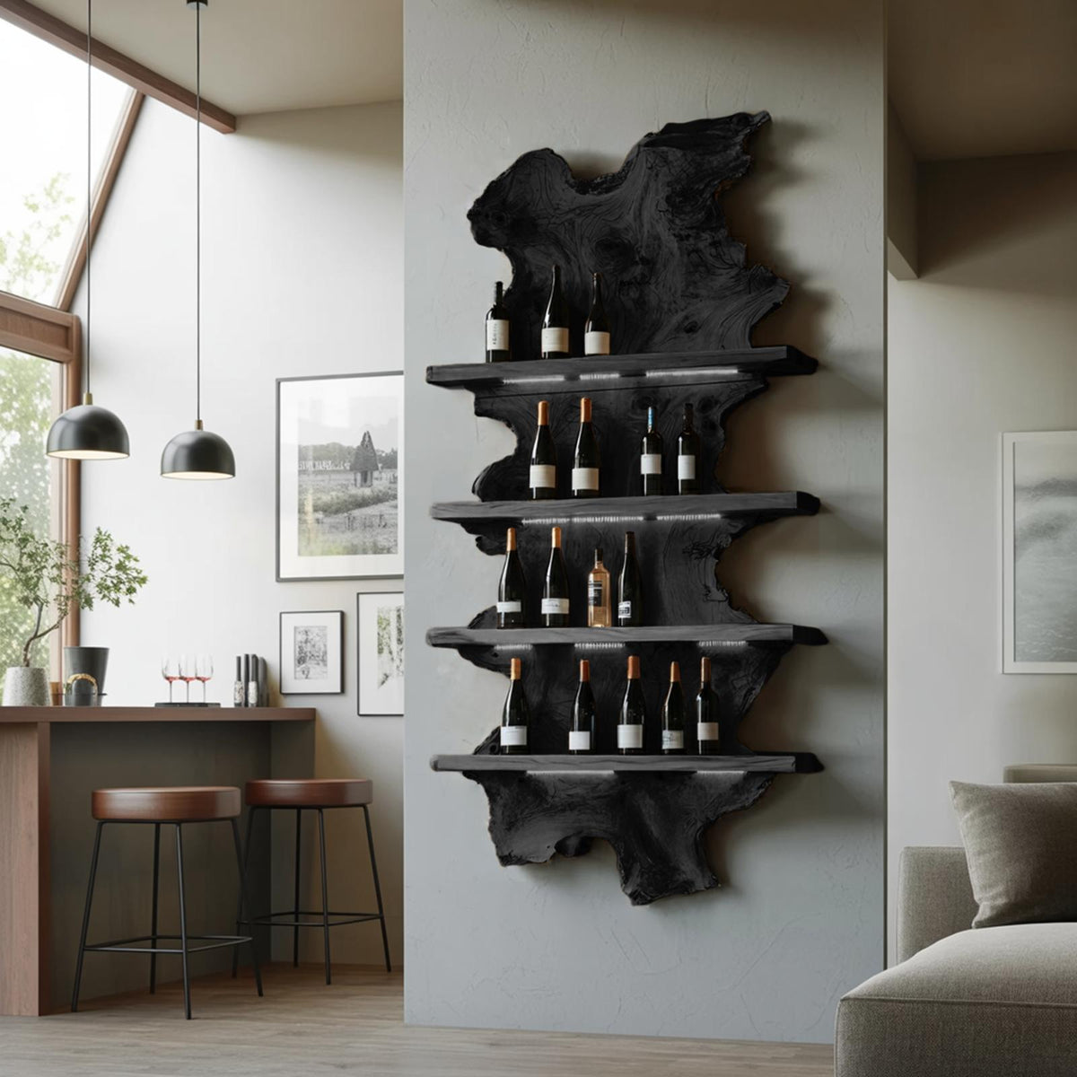Mid Century Live Edge Wooden Wine Holder, Handcrafted Solid Wood Bottle Display Stand for Bar
