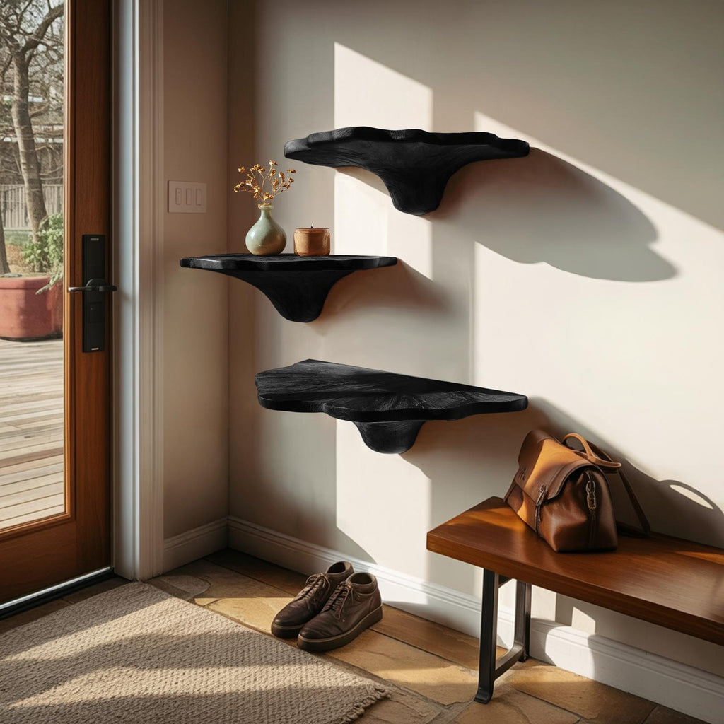 Handcrafted Wooden Mushroom Shelf For Artistic Living Room Decor
