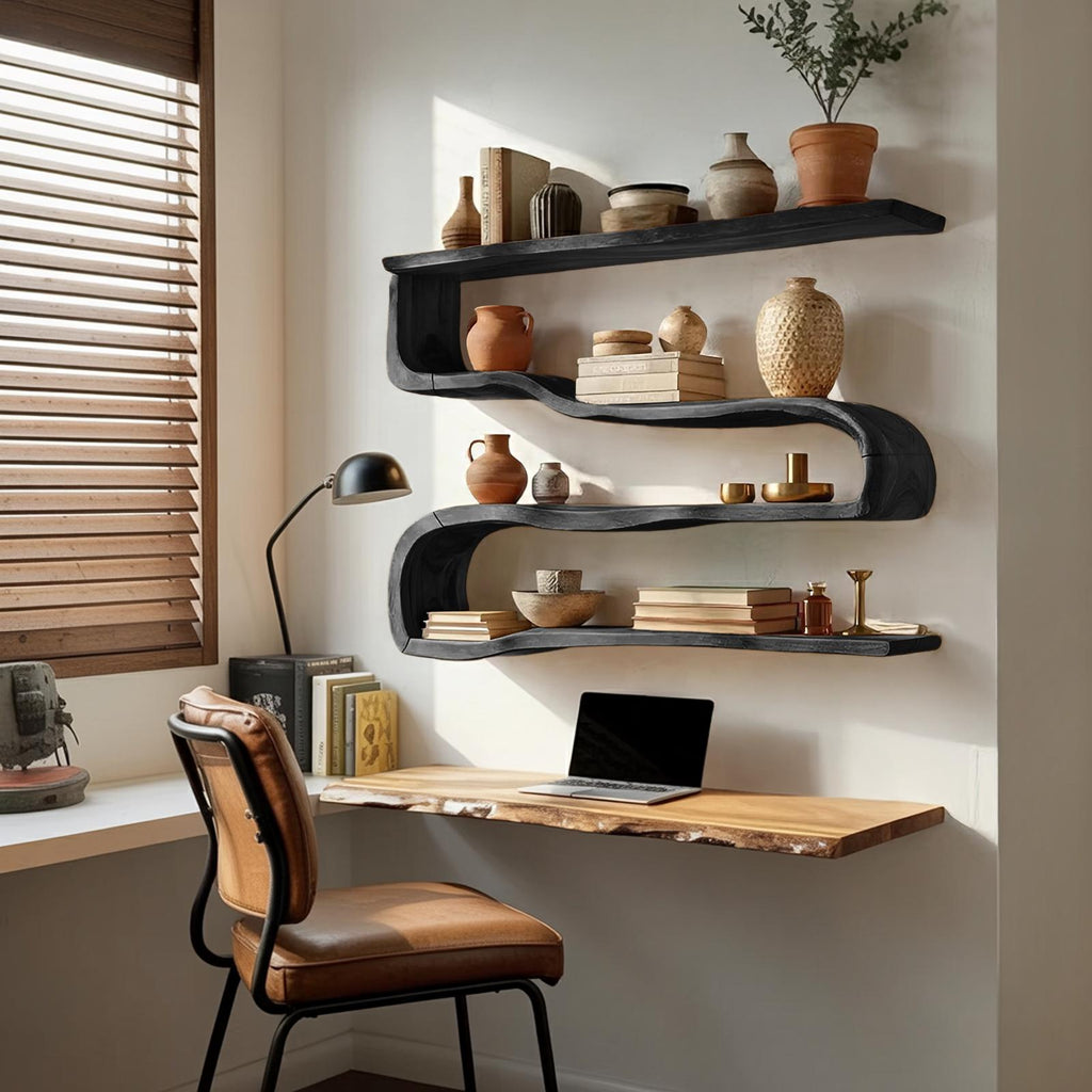 Modern Wooden Shelving Unit, Handcrafted Solid Wood Floating Wall Bookshelf & Display Rack for Living Room Storage Organizer