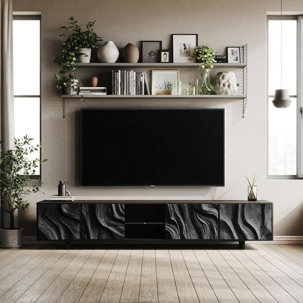 Farmhouse TV Console Table, Rustic Reclaimed Wood Media Center Cabinet with Shelving for Cozy Living Room Decor