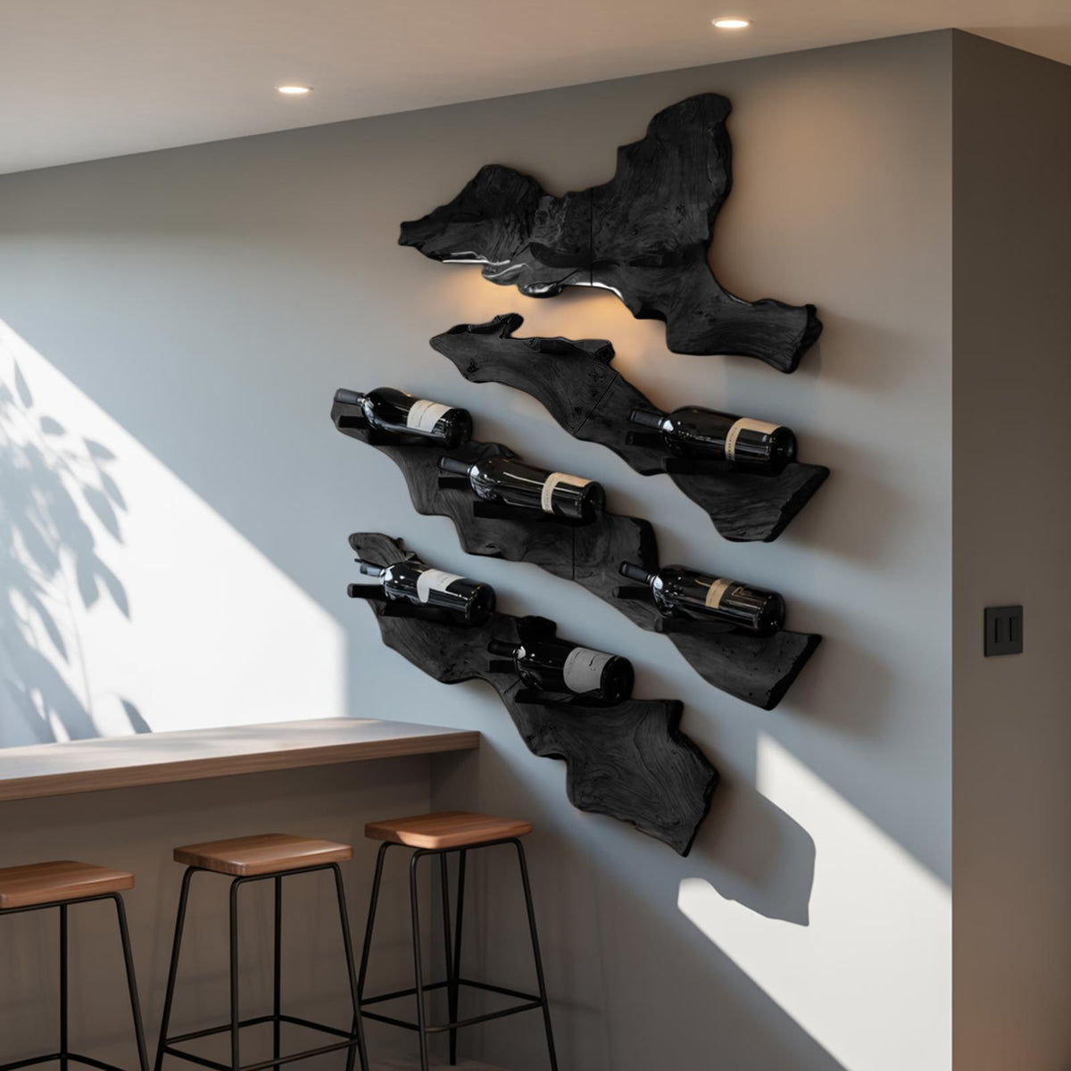 Handcrafted Live Edge Wooden Wine Holder, Rustic Solid Wood Bottle Storage Rack for Bar Decor