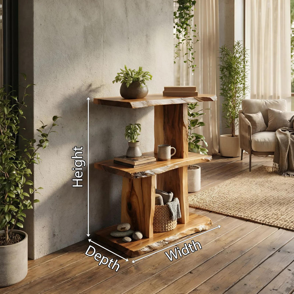 Handcrafted Live Edge Wooden Standing Shelf, Rustic Solid Wood Multi-Tier Display Rack for Bedroom Storage Decor