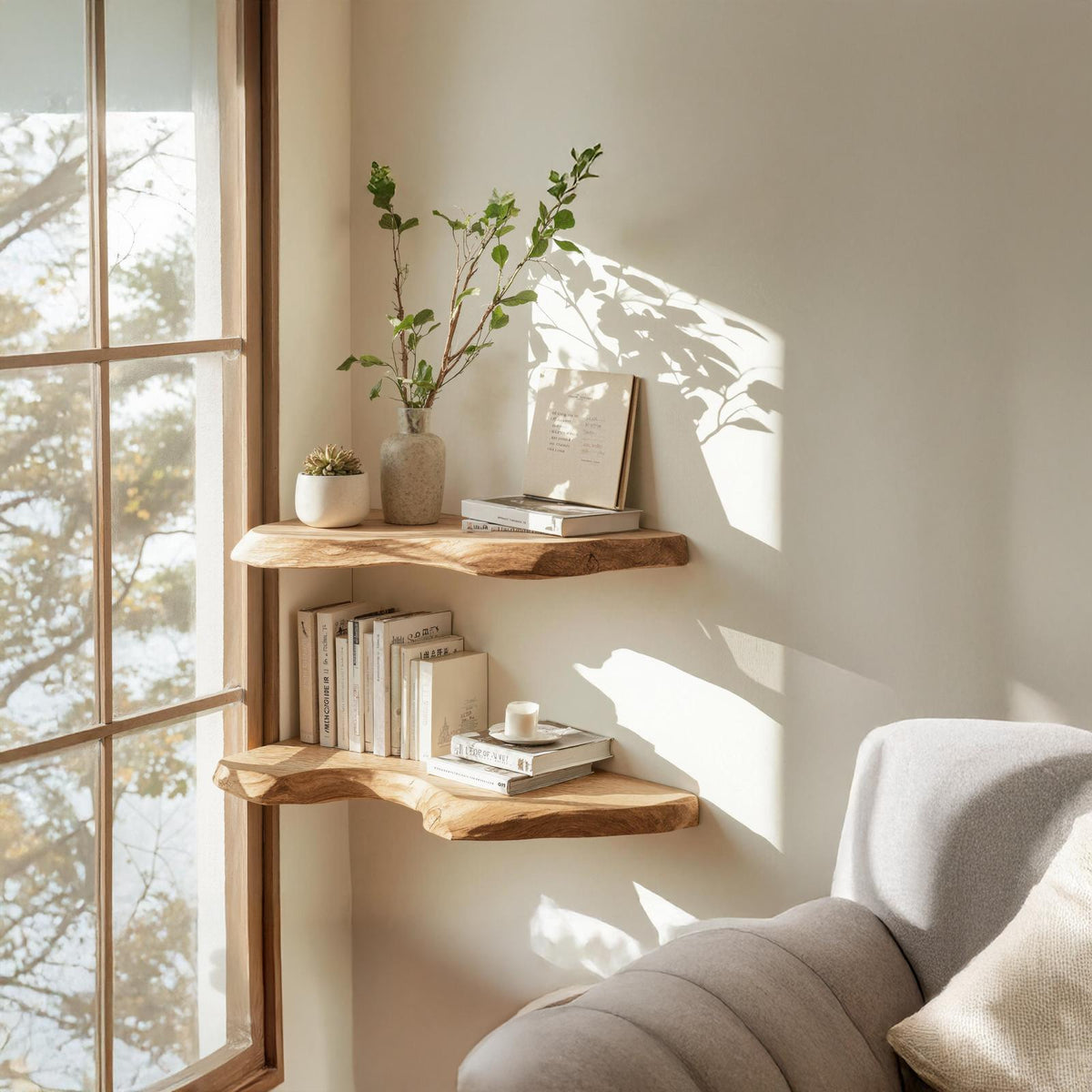 Mid Century Live Edge Corner Shelf For Living Room Decor SILDTCN088
