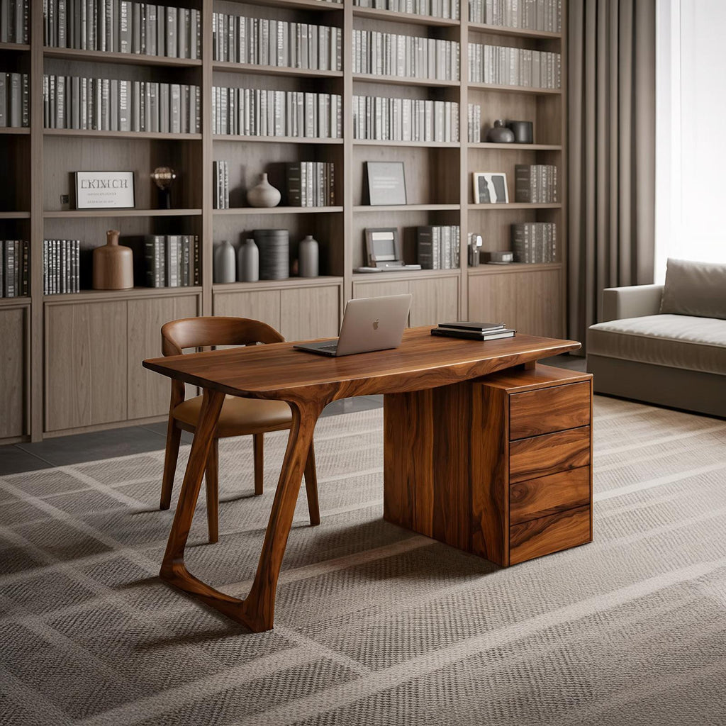 Contemporary Live Edge Office Desk With Storage Cabinet For Workspace