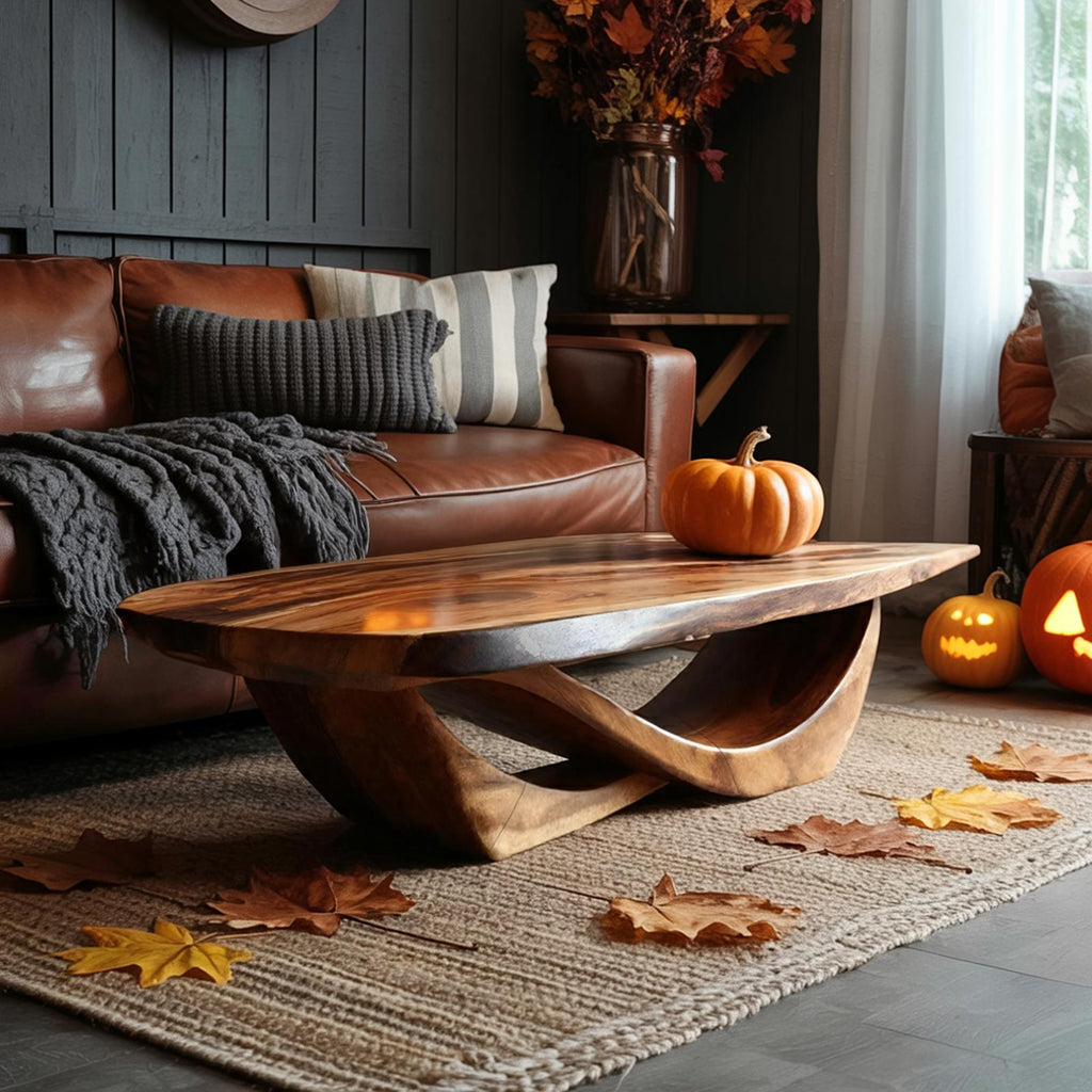 Spry Interior Handcrafted Solid Wood Coffee Table, Rustic Live Edge Abstract Accent Console & Foyer Entryway Center Table Desk, SILDTTNHCF025