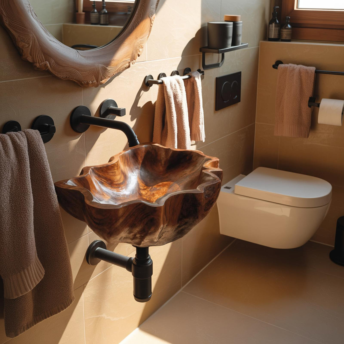 Mid Century Live Edge Wooden Vessel Sink, Rustic Solid Wood Bathroom Wash Basin for Vanity Top