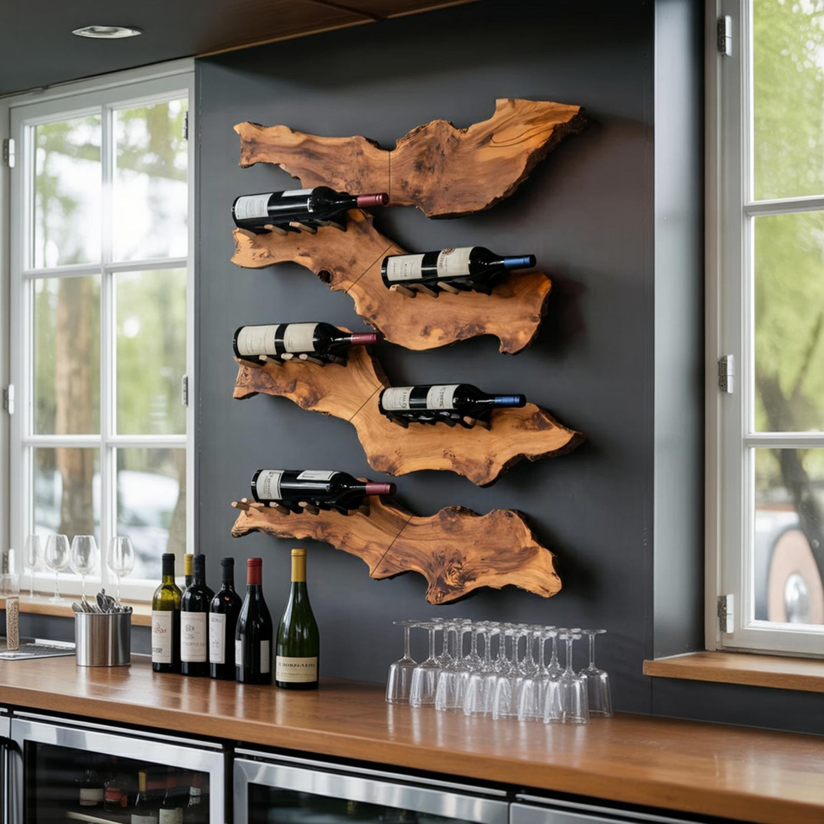 Farmhouse Wooden Wine Holder, Rustic Solid Wood Bottle Storage Display Rack for Entryway Decor