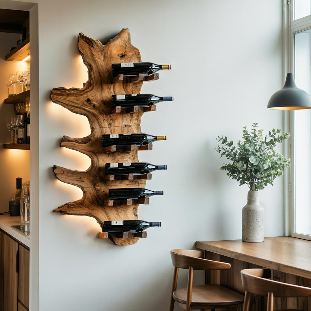 Modern Live Edge Wooden Wine Rack, Handcrafted Solid Wood Bottle Storage Holder Display Shelf