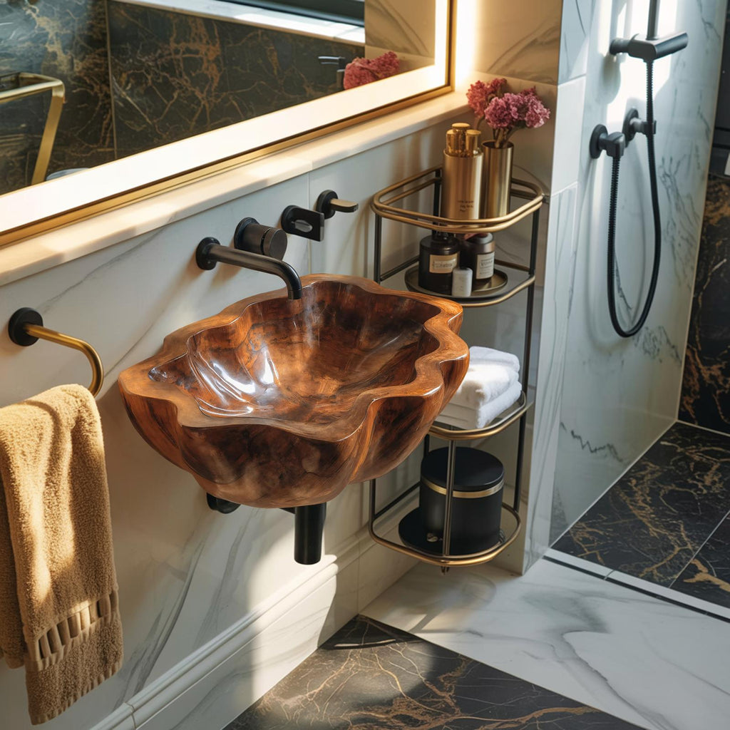 Handcrafted Solid Wood Vessel Sink, Artistic Wooden Bathroom Wash Basin for Vanity Countertops