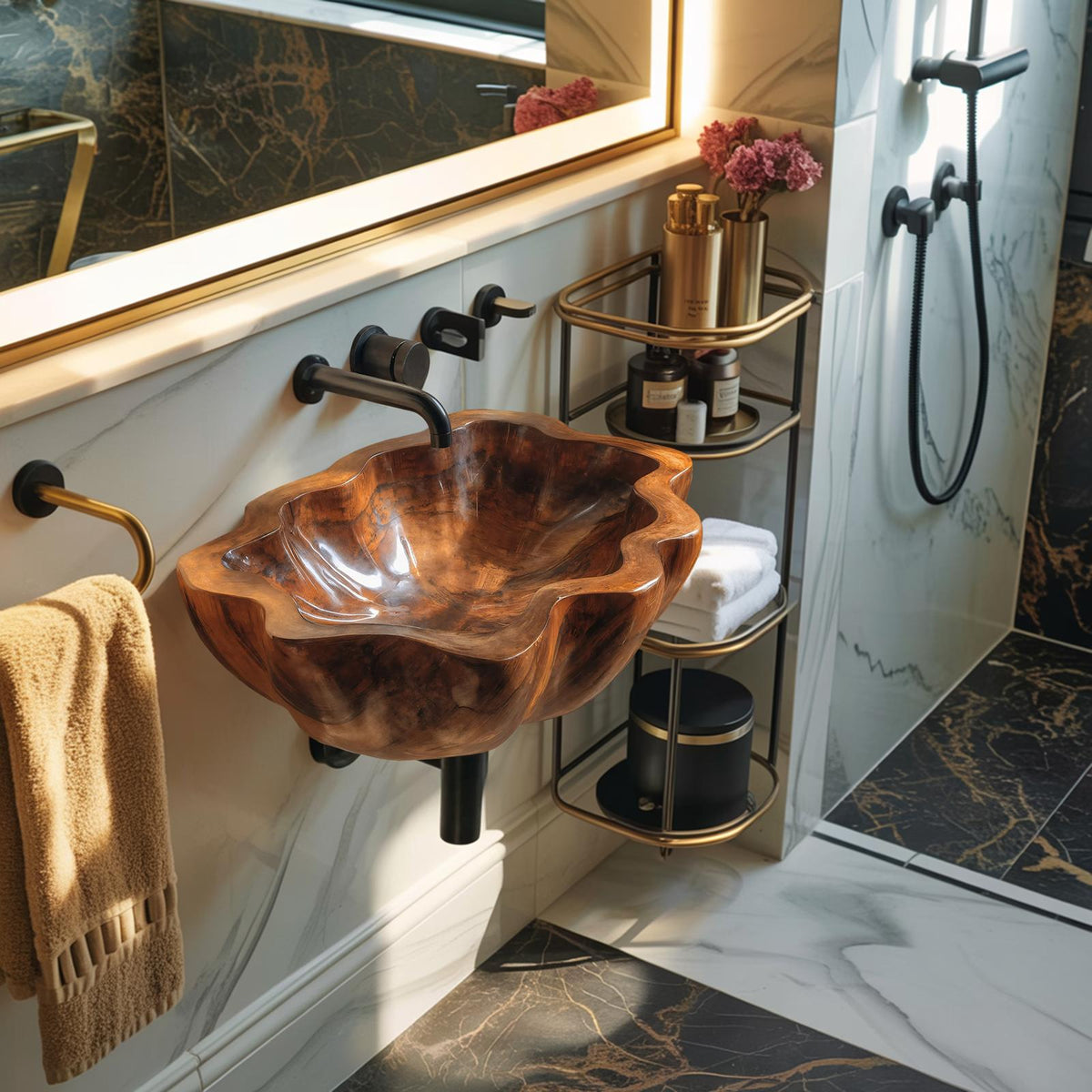 Handcrafted Solid Wood Vessel Sink, Artistic Wooden Bathroom Wash Basin for Vanity Countertops