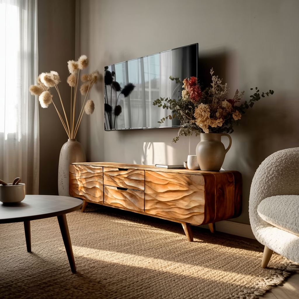 Handcrafted Wooden TV Stand with Stylish Storage Cabinets, Modern Artisan Media Console for Living Room