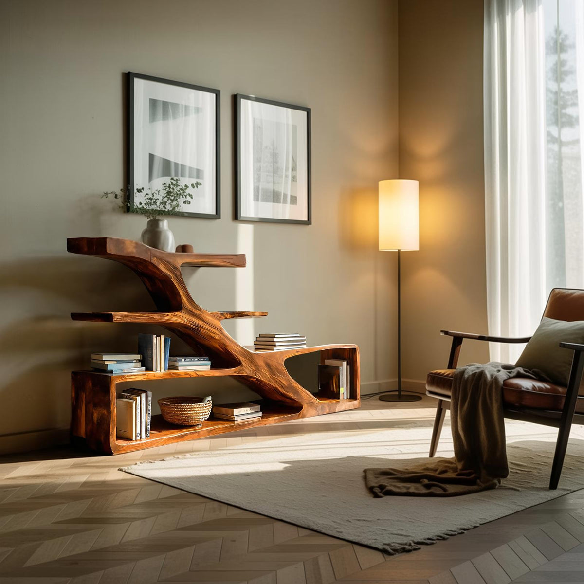 Modern Sculptural Curved Bookcase, Handcrafted Wood Bookshelf with Arched Shelves for Living Room & Home Library