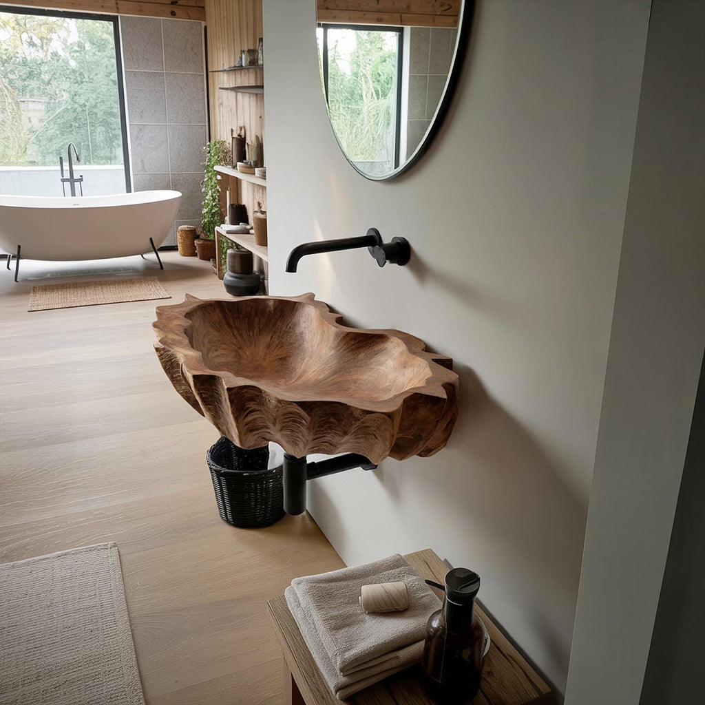 Mid Century Live Edge Wooden Vessel Sink, Natural Solid Wood Wash Basin for Bathroom & Vanity Decor