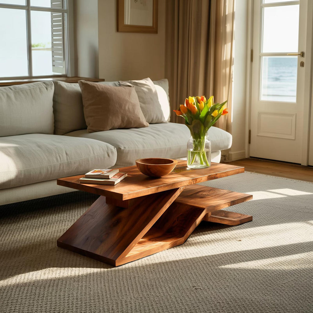 Rustic Coffee Table with Shelf Storage, Handcrafted Solid Wood Center Table for Living Room Decor, Model