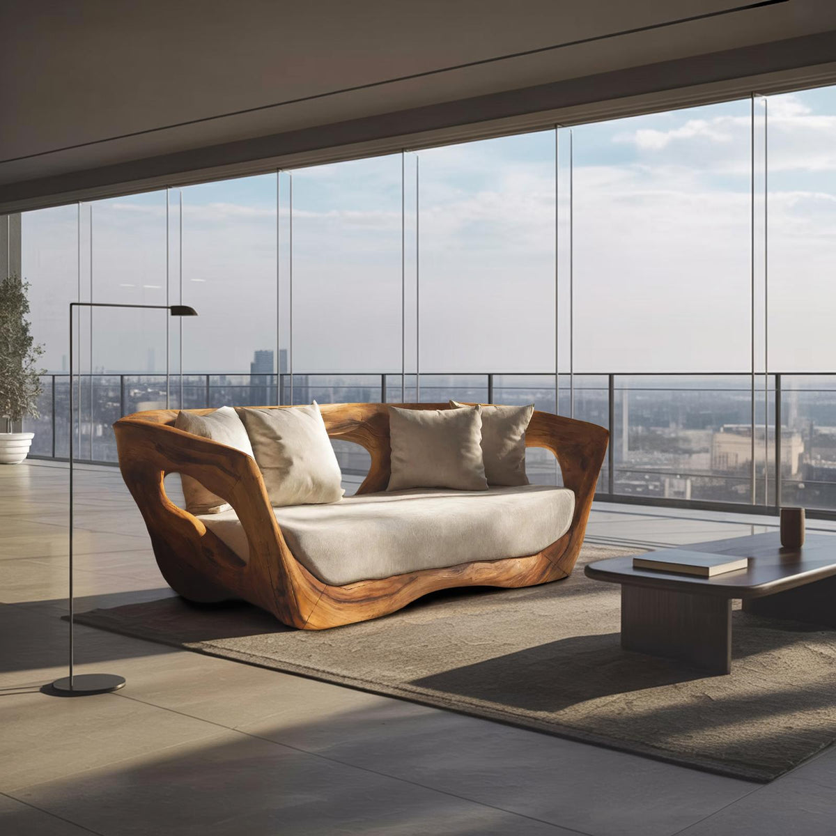 Modern Sculpted Wooden Sofa, Contemporary Lounge Couch Settee, Artistic Designer Loveseat for Living Room