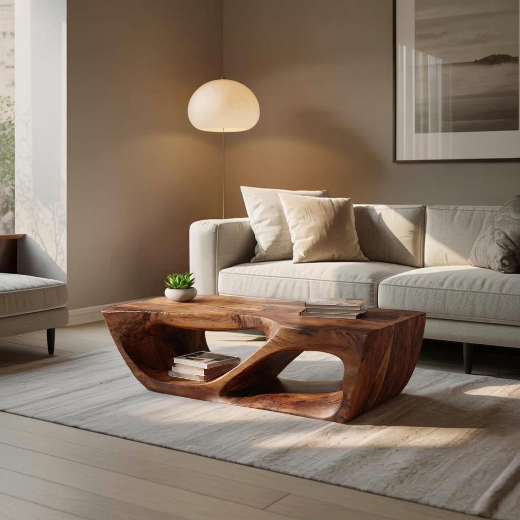 Modern Wooden Coffee Table with Curved Storage Shelf, Low Profile Minimalist Center Table for Living Room, Model