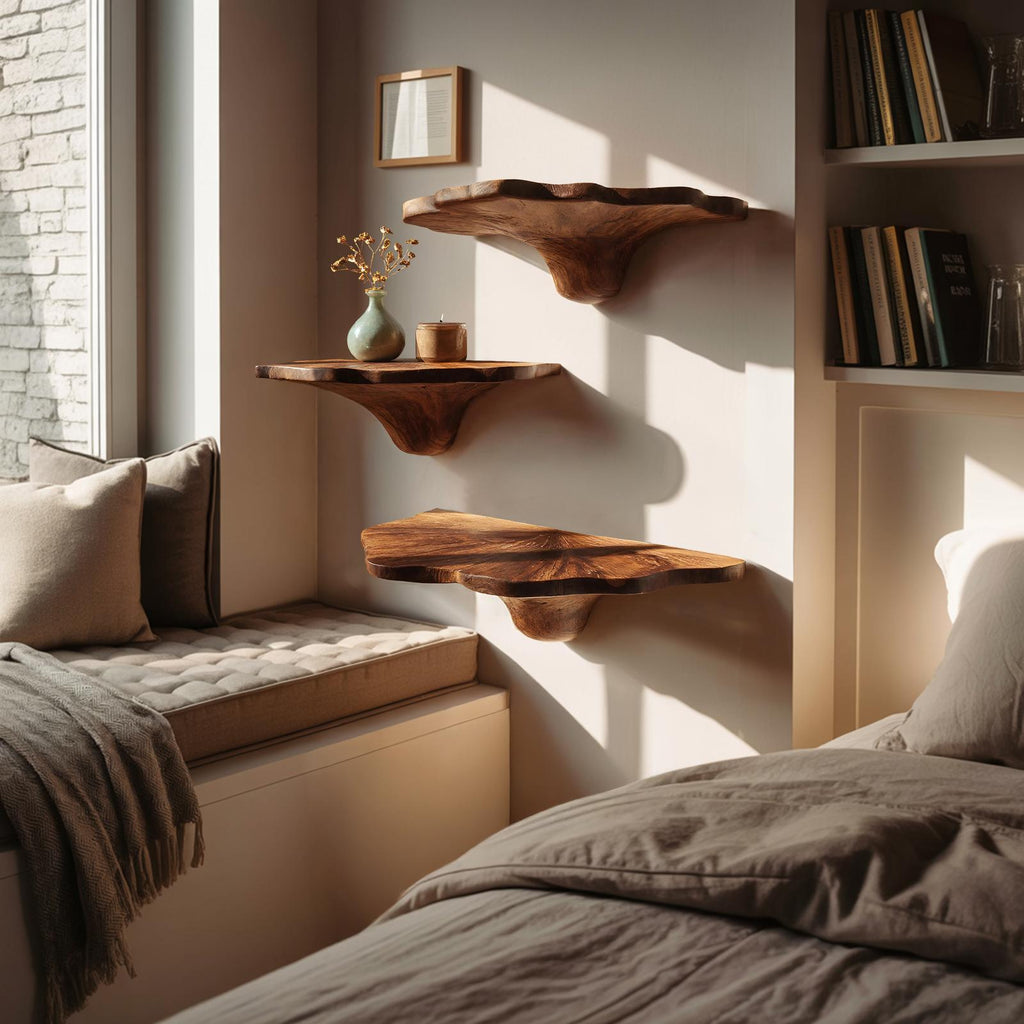 Handcrafted Wooden Mushroom Shelf For Artistic Living Room Decor