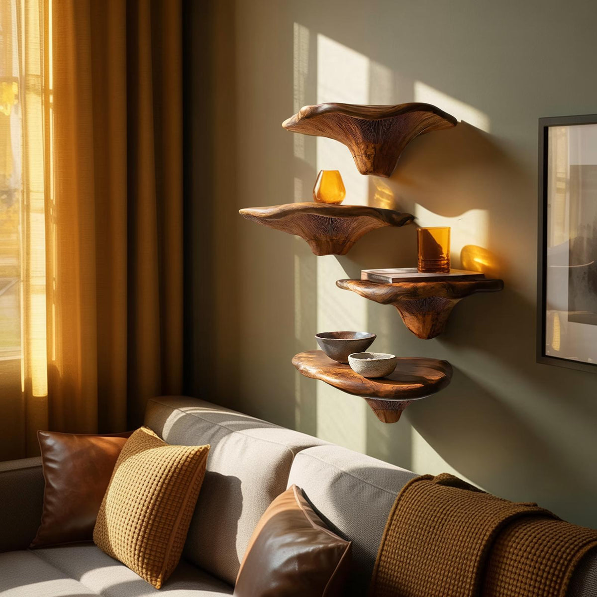 Handcrafted Wooden Live Edge Mushroom Shelf For Furniture Decor