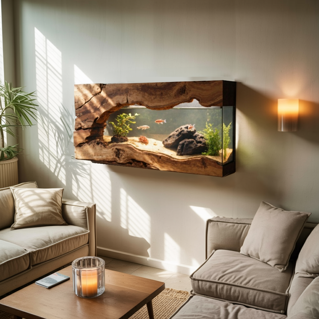 Wall Mounted Wooden Aquarium Frame, Handcrafted Floating Fish Tank Decor for Office & Living Room Wall Art