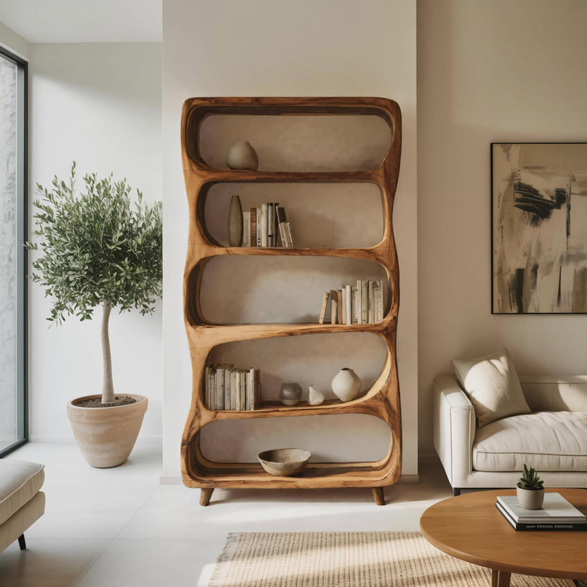 Handcrafted Solid Wood Bookshelf, Modern Standing Bookcase with Open Shelving Unit for Living Room & Office