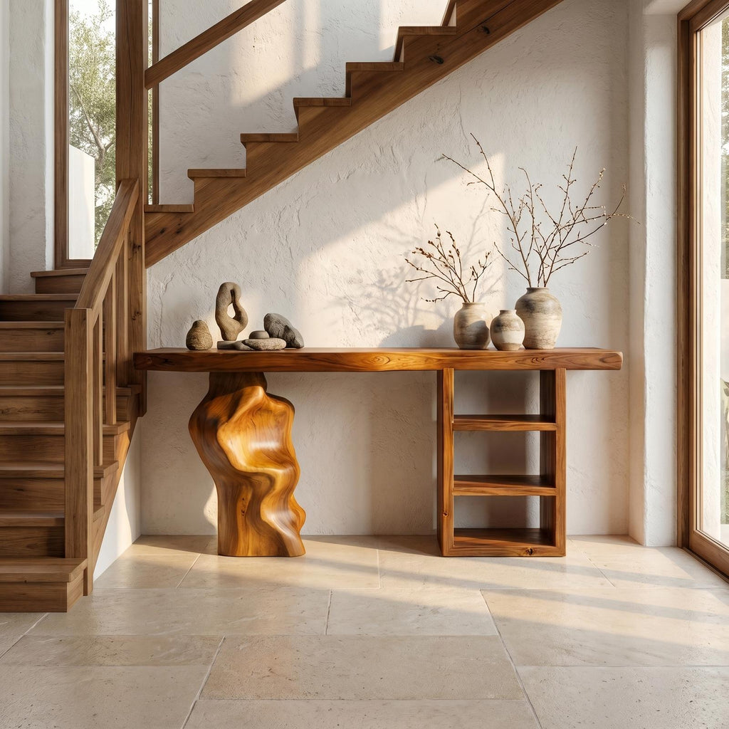 Japandi Organic Modern Solid Wood Console Table, Minimalist Wabi-Sabi Entryway & Living Room Accent Table
