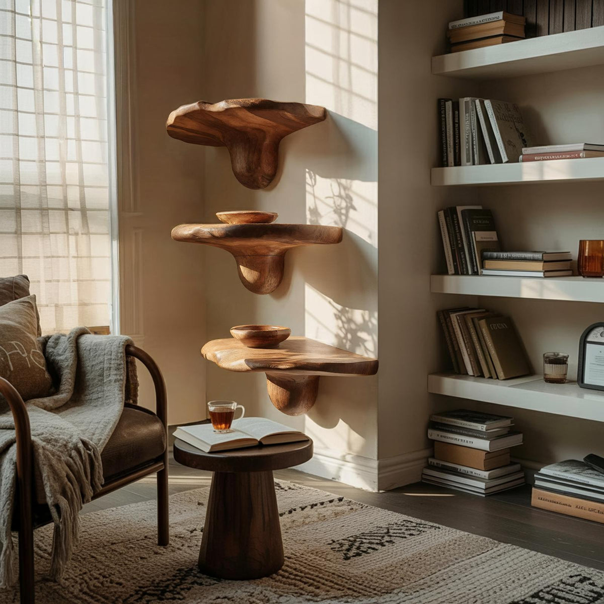 Handcrafted Solid Wood Mushroom Shelf For Bedroom Furniture Decor