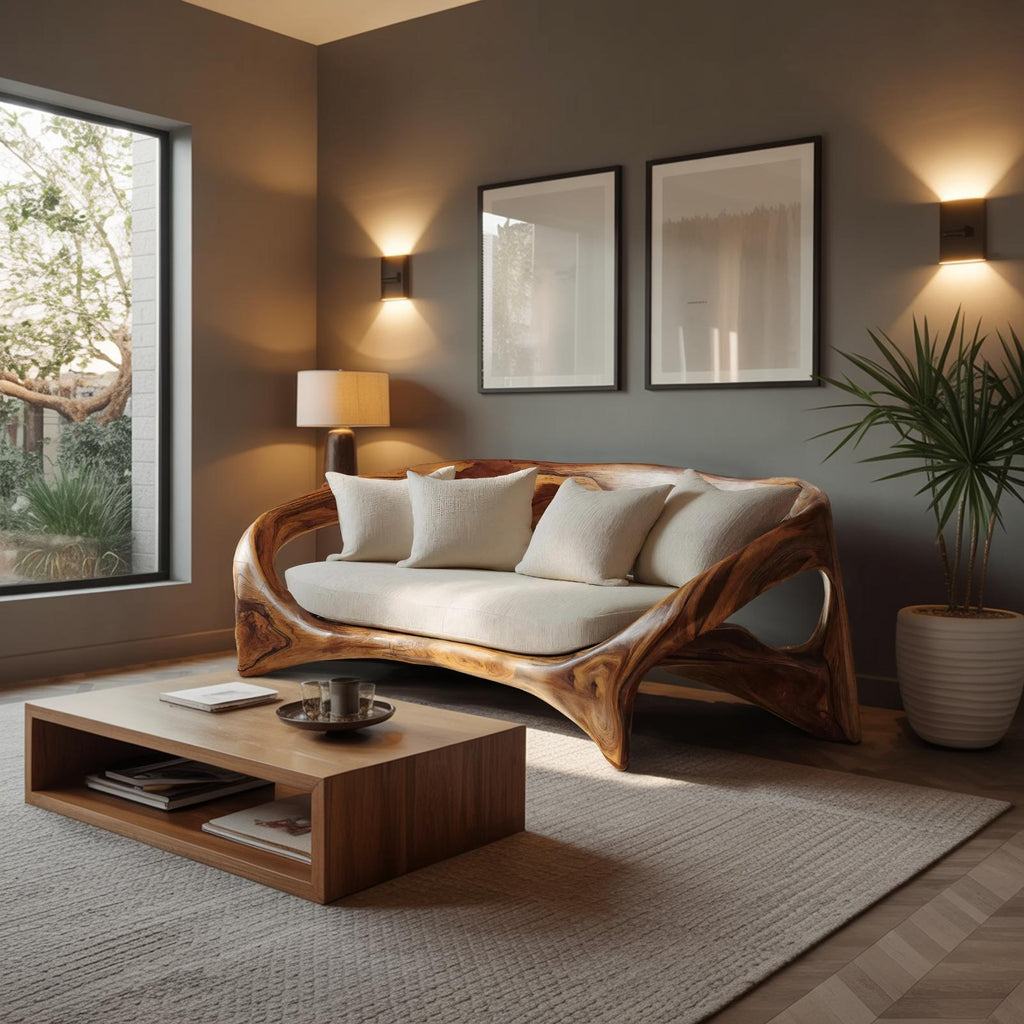 Organic Sculptural Sofa, Contemporary Solid Wood Settee, Modern Designer Couch for Living Room Lounge Space