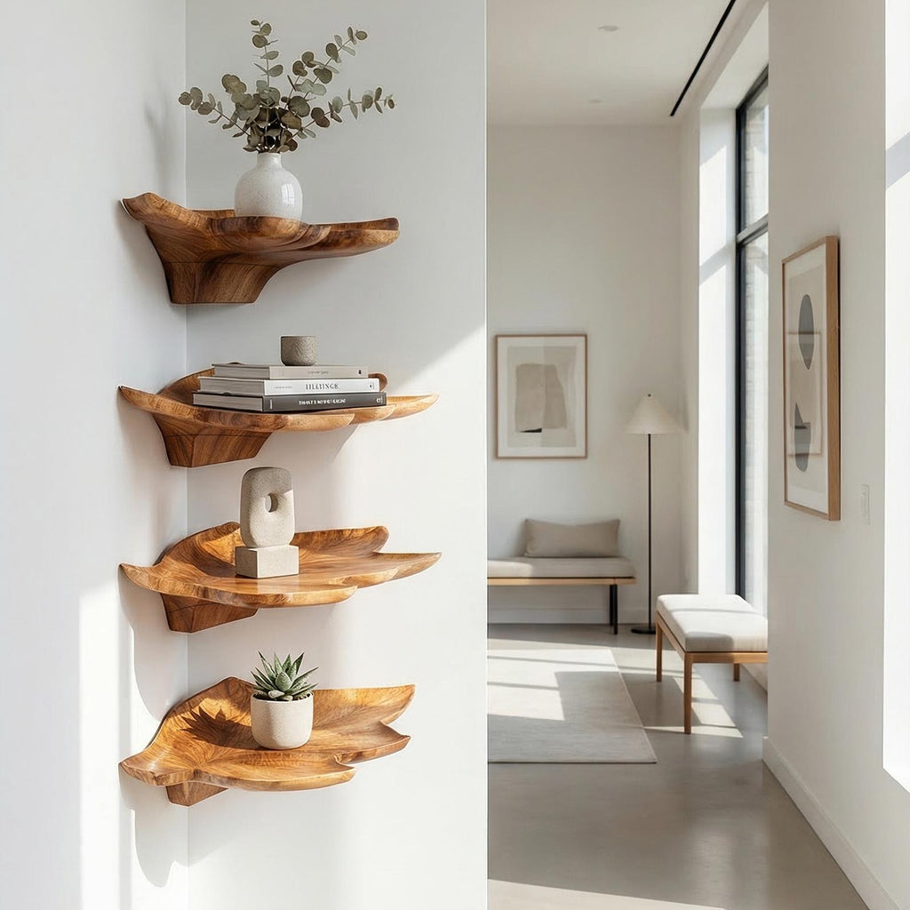 Mid Century Leaf Wall Shelf, Artistic Wooden Plant & Book Display Rack Floating Shelf for Office Home Decor