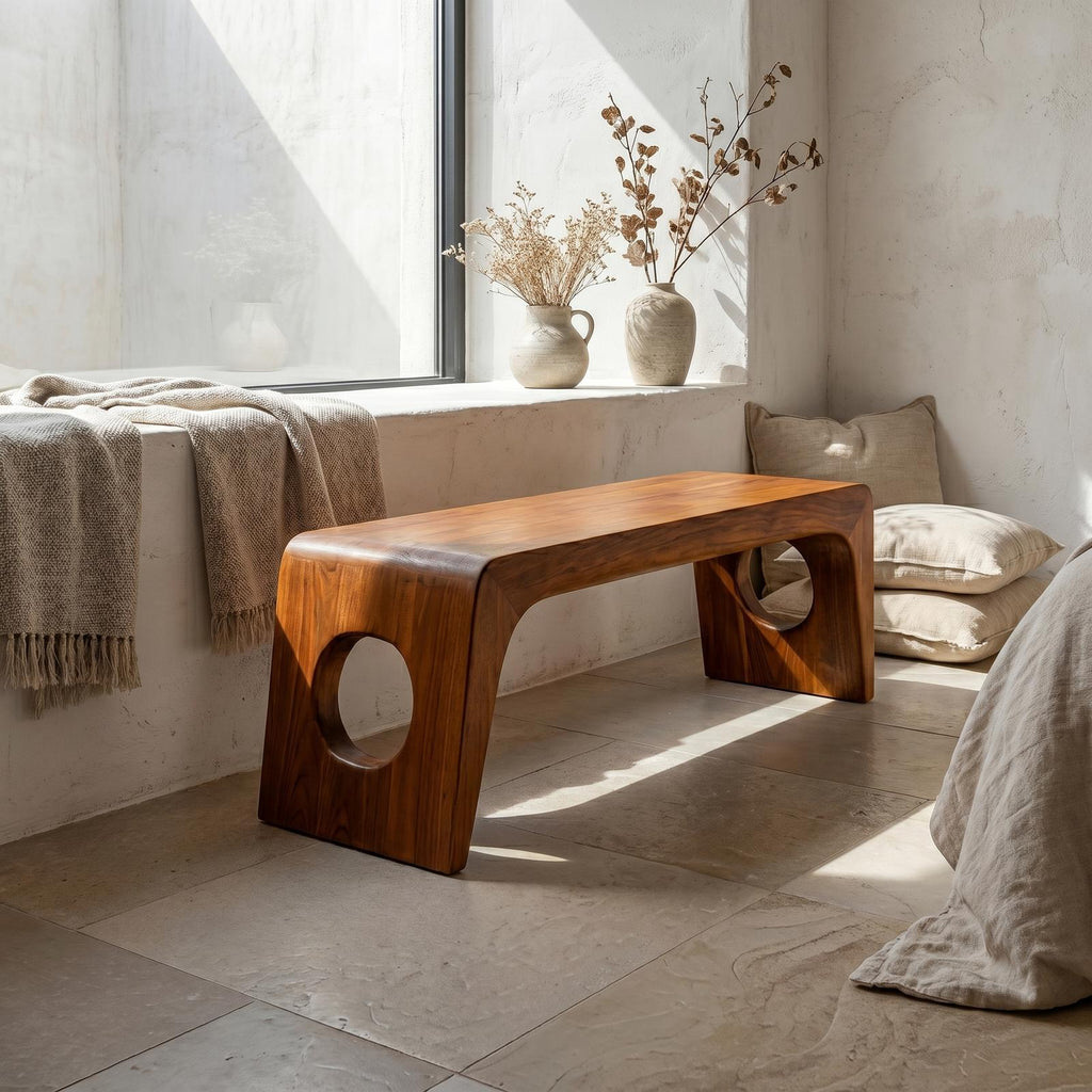 Spry Interior Rustic Minimalist Sculptural Bench, Solid Wood Entryway & Living Room Seating Bench, SINLSARS080