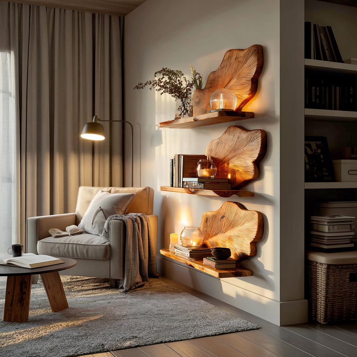 Rustic Wooden Wall Mounted Bookshelf, Floating Wood Bookcase Storage Organizer Shelf for Living Room