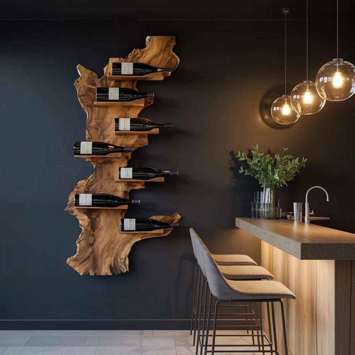 Modern Live Edge Wooden Wine Holder, Handcrafted Solid Wood Bottle Rack for Living Room Decor