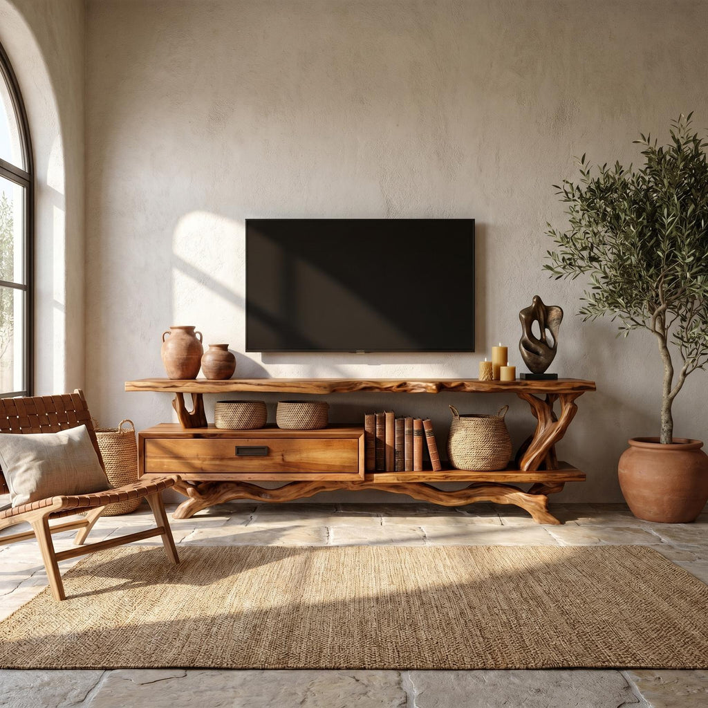 Rustic Live Edge Wood TV Cabinet, Natural Solid Slab Media Console, Low Profile Television Credenza for Living Room