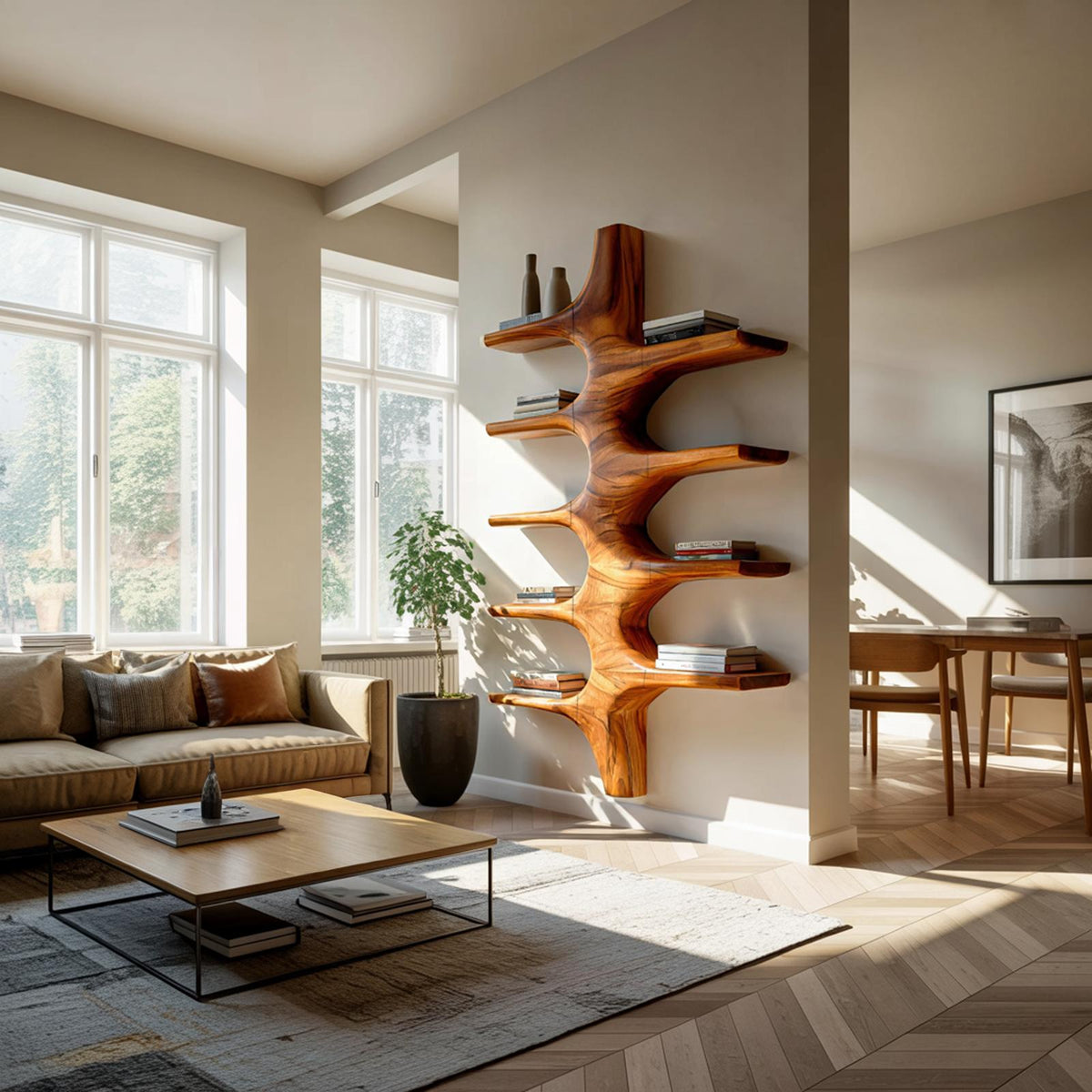 Sculptural Wood Wall Mounted Bookshelf, Handcrafted Floating Bookshelf for Modern Living Room & Bedroom Decor