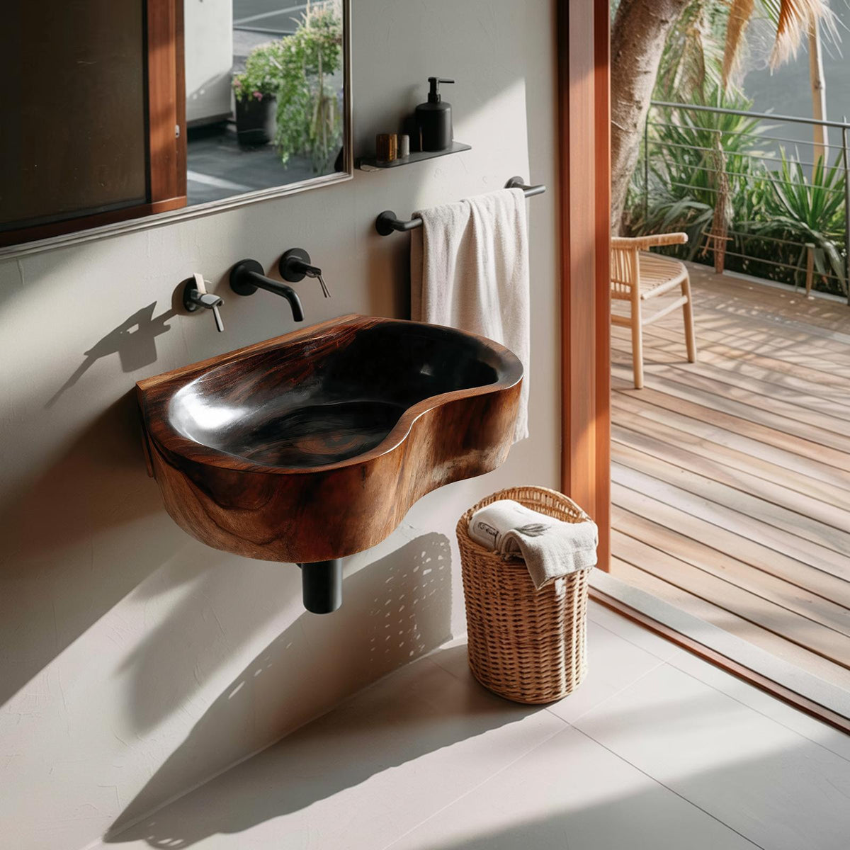Mid Century Solid Wood Vessel Sink, Elegant Handcrafted Wooden Bathroom Wash Basin for Vanity Top