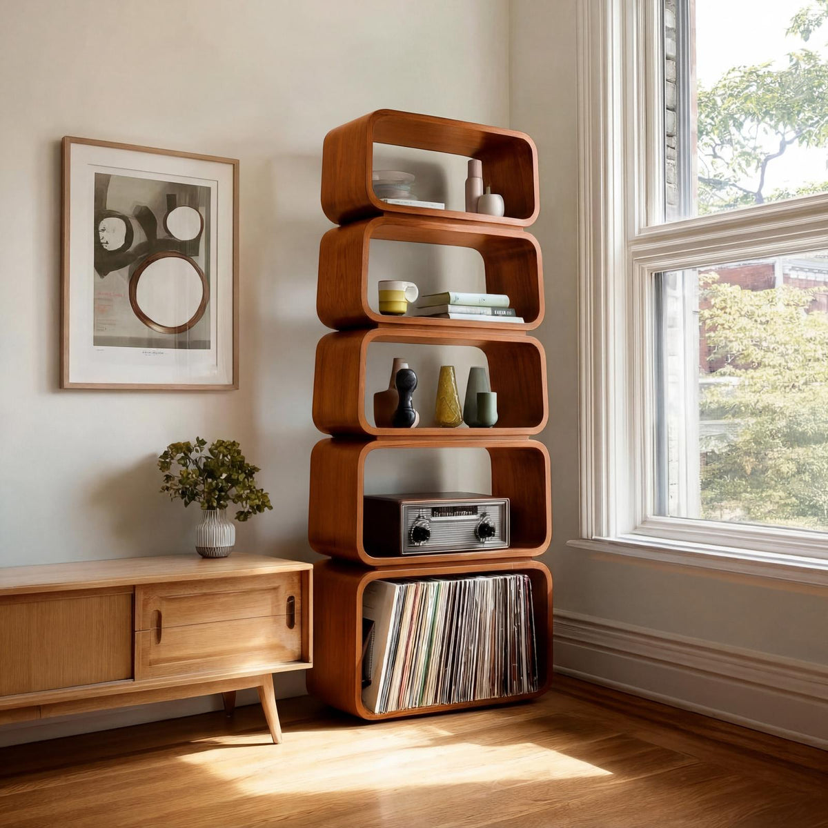 Mid-Century Wooden Standing Shelf, Tiered Bookcase Display Organizer, Retro Storage Rack for Living Room Decor