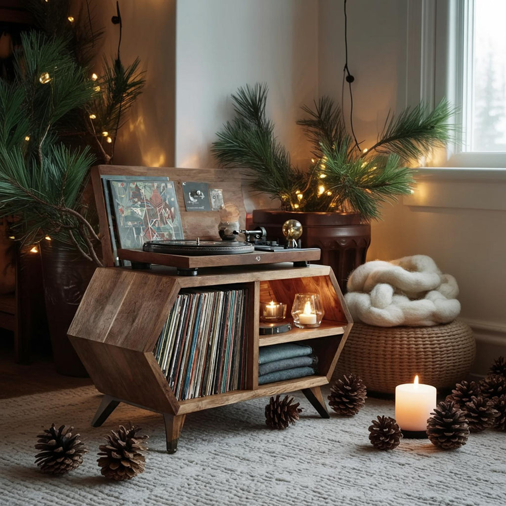 Handcrafted Wooden Record Stand, Rustic LP Vinyl Storage Shelf Organizer Cabinet for Bedroom Holiday Home Decor
