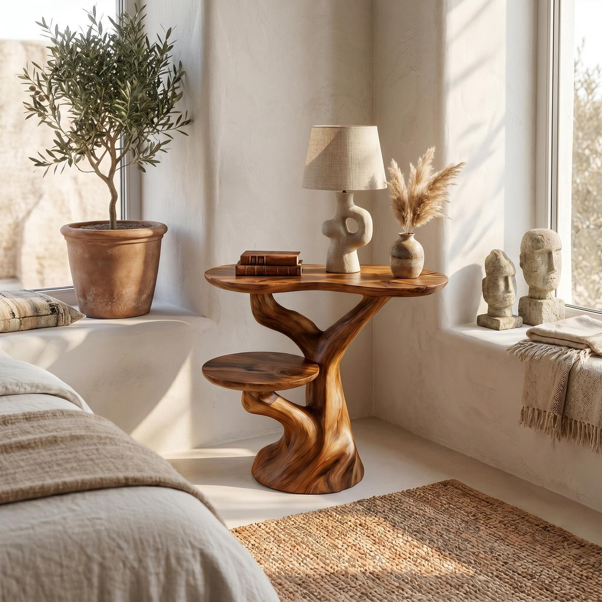 Rustic Solid Wood Side Table, End Accent Table for Living Room Sofa or Home Office Desk, Handcrafted Natural Wood Decor
