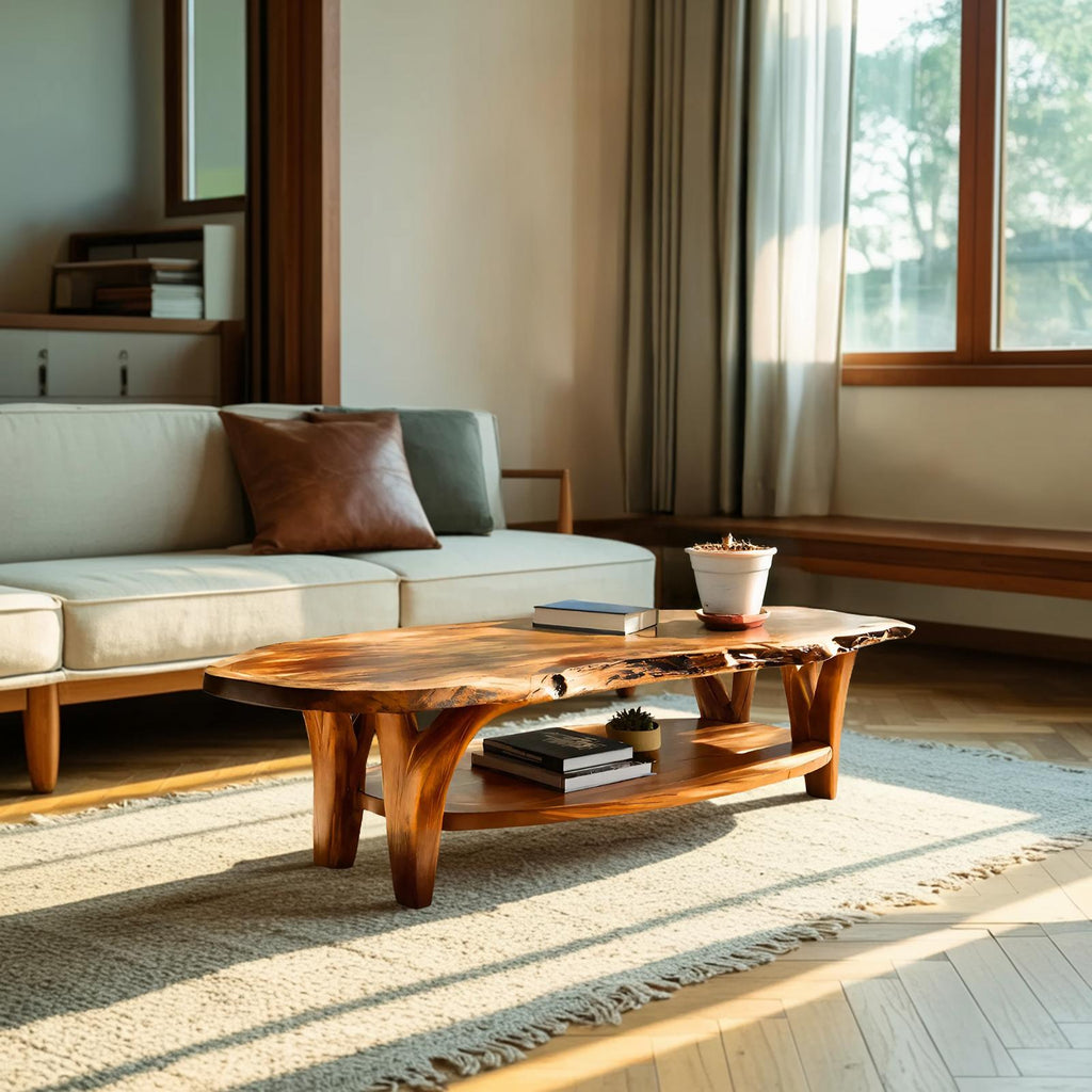 Modern Live Edge Wooden Coffee Table, Rustic Solid Wood Center Table for Living Room Decor, Model