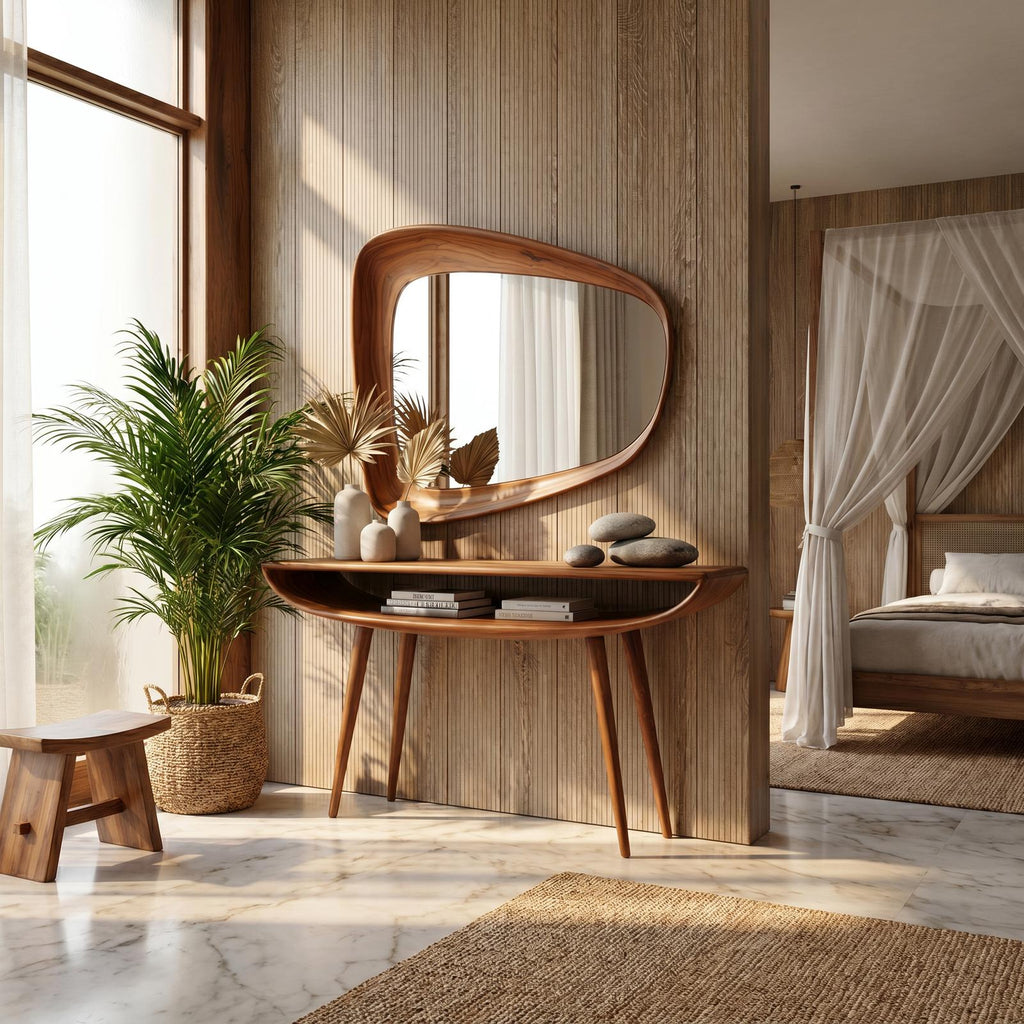 Mid-Century Curved Console Table, Solid Wood Modern Entryway Table, Minimalist Bedroom Accent Table