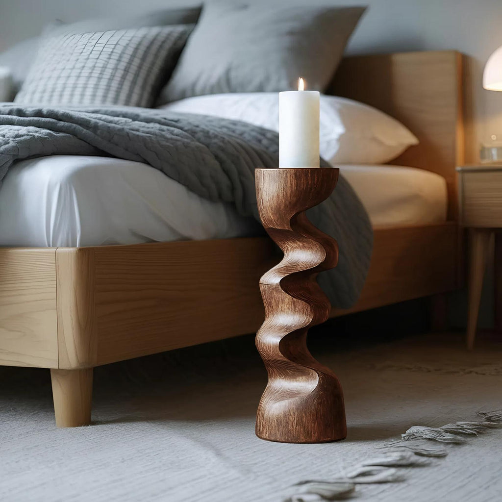 Rustic Wooden Candlestick Holder, Handcrafted Solid Wood Pillar Candle Stand for Bedroom Cozy Ambience Decor