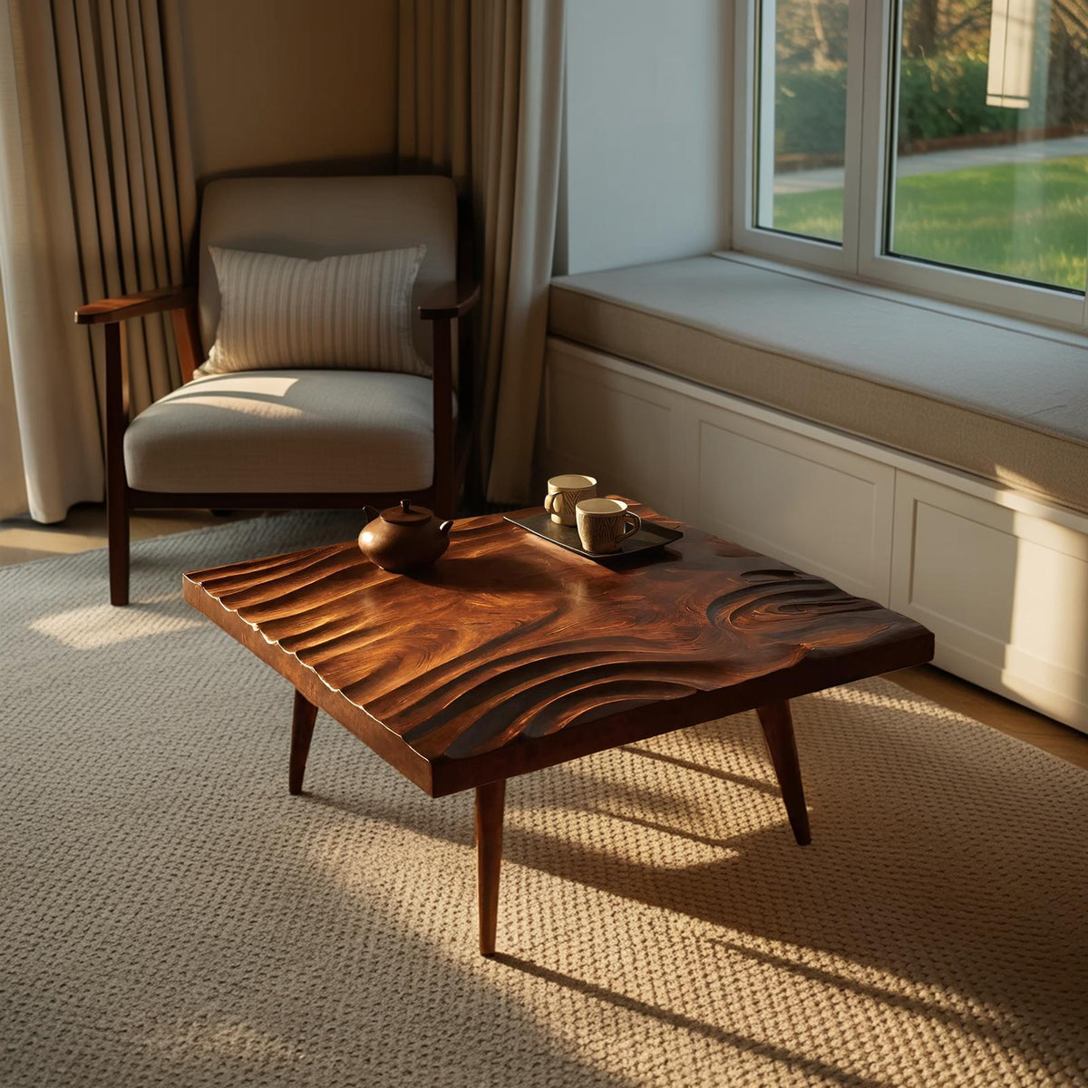 Handcrafted Irregular Solid Wood Coffee Table, Rustic Natural Wood Living Room Center Accent Table