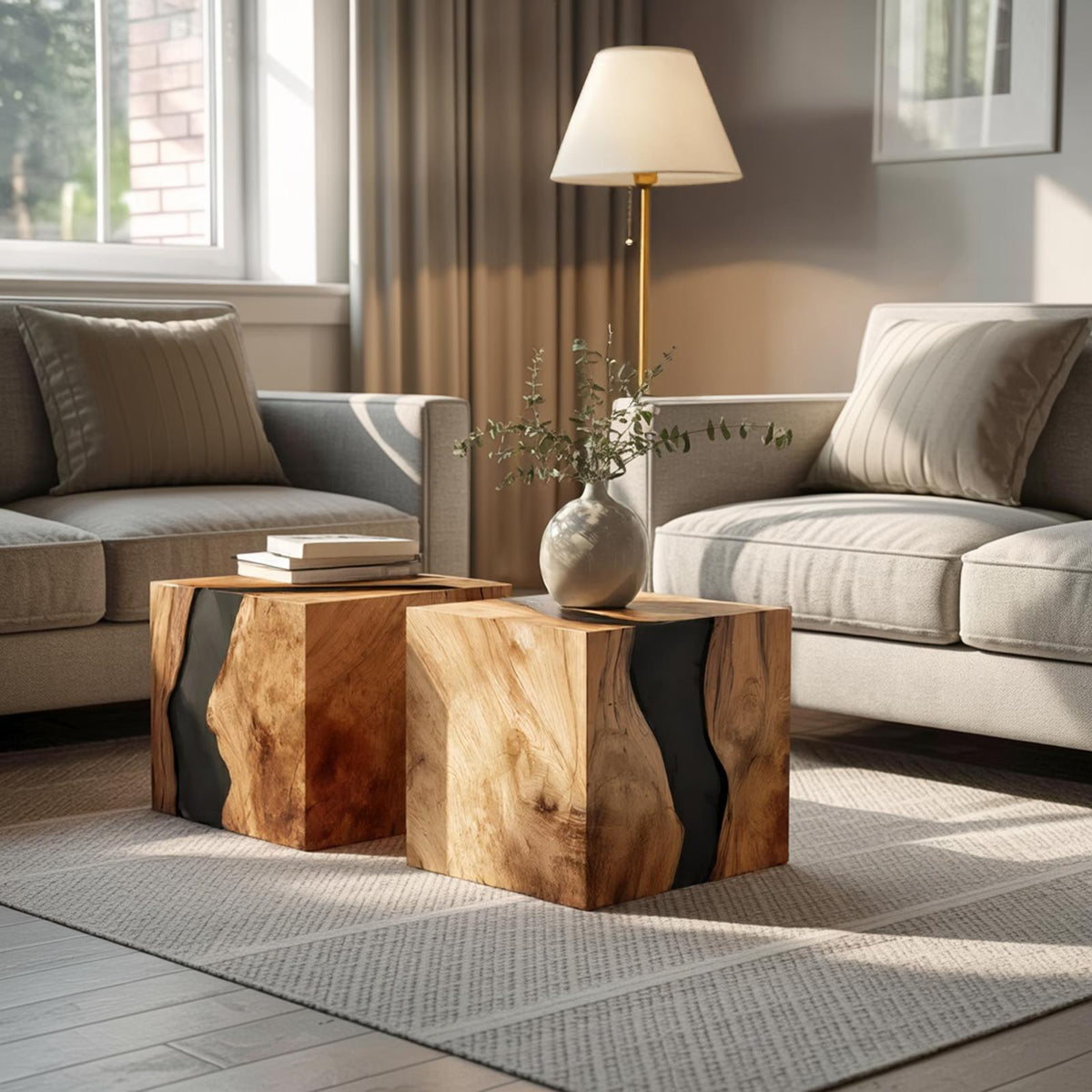 Spry Interior Handcrafted Solid Wood Cube Coffee Table, Rustic Block End Table & Bedside Nightstand for Living Room Decor, SILDTTNCF046