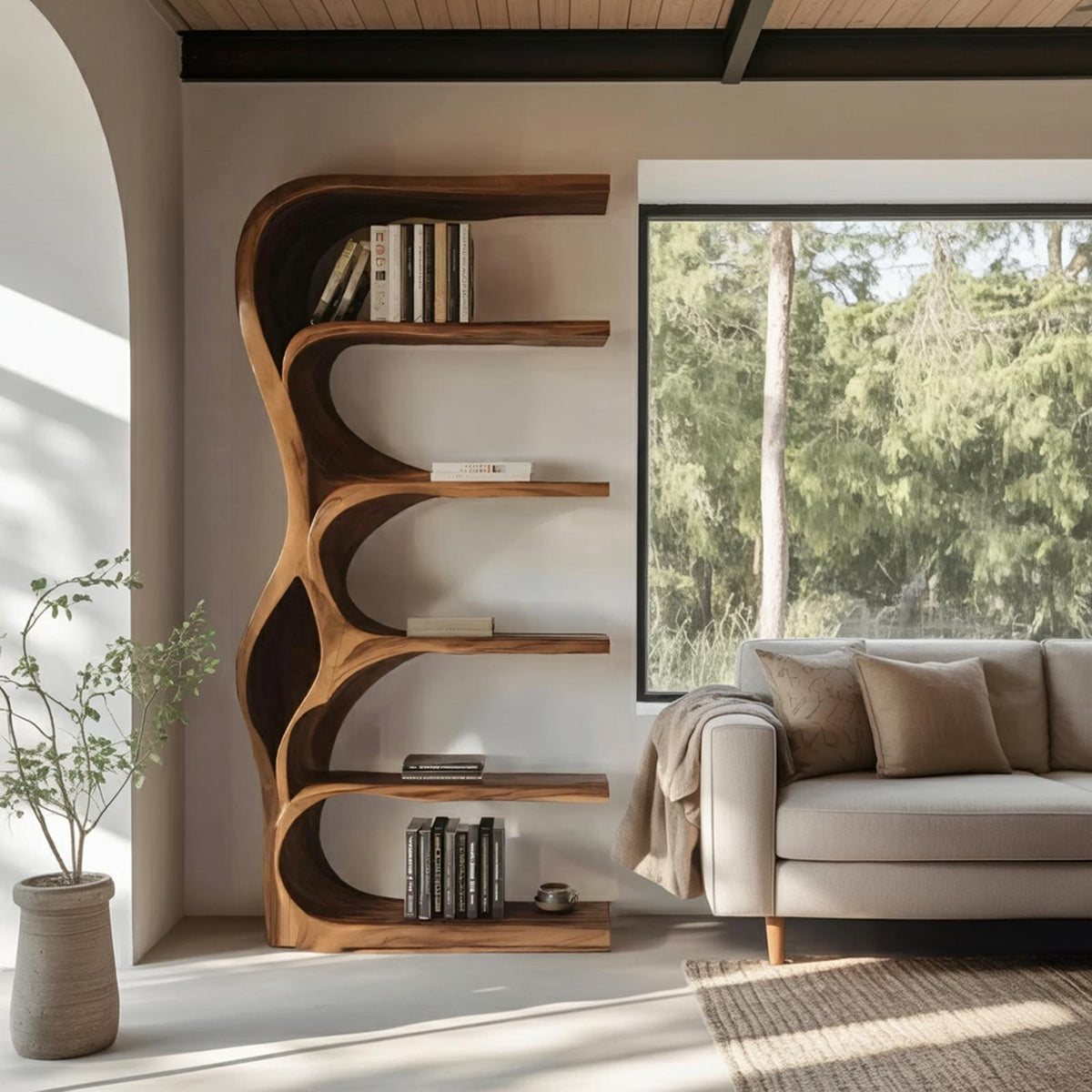 Organic Bookshelf With Curved Open Shelving For Bedroom Decor