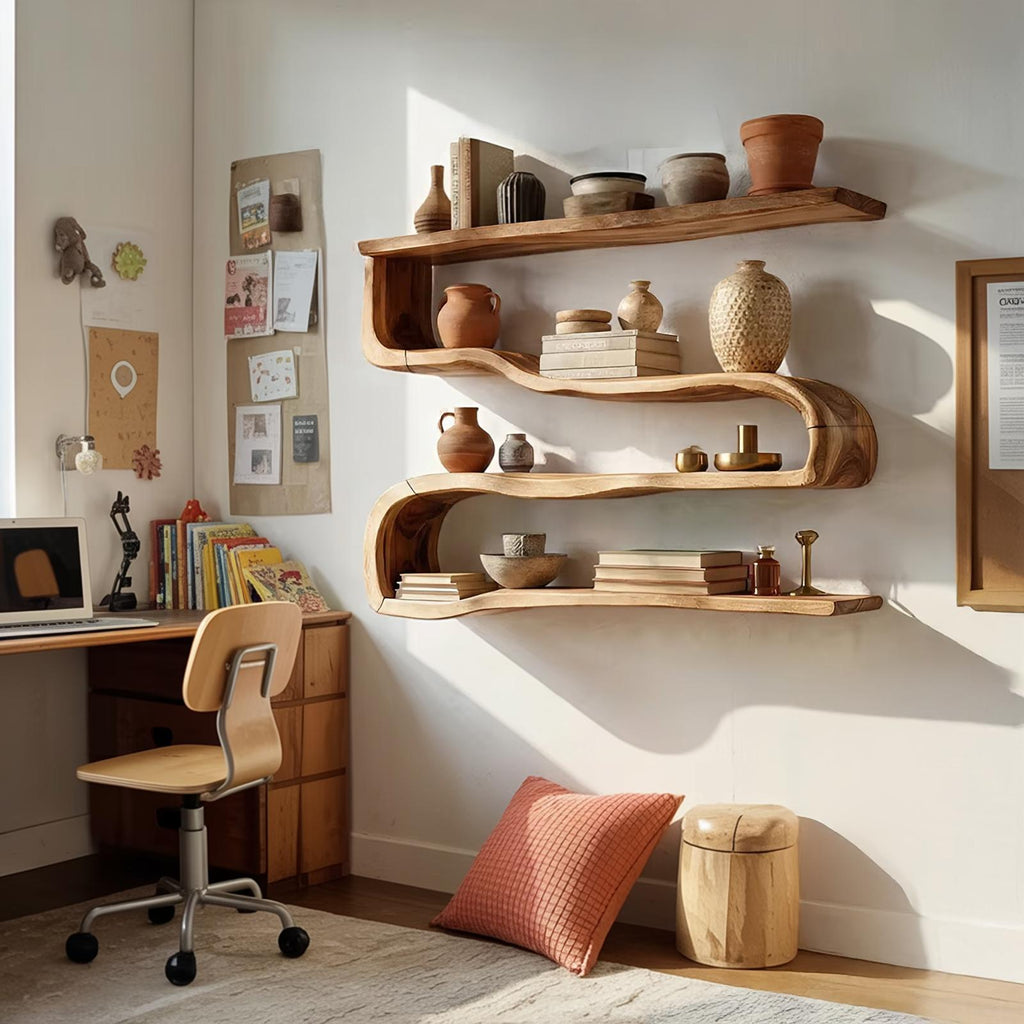 Modern Wooden Shelving Unit, Handcrafted Solid Wood Floating Wall Bookshelf & Display Rack for Living Room Storage Organizer