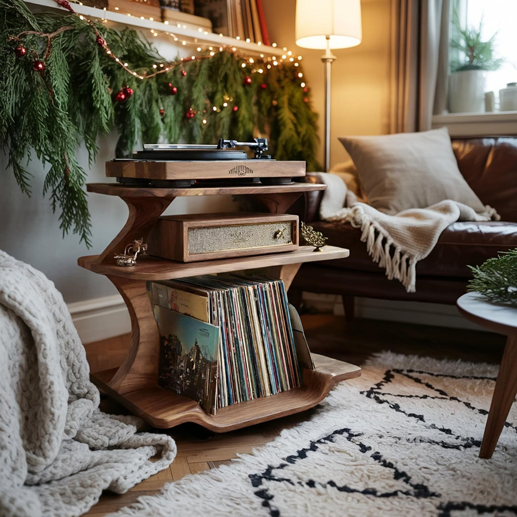 Mid Century Wooden Record Player Stand, Handcrafted LP Album Vinyl Storage Shelf for Christmas Home Decor