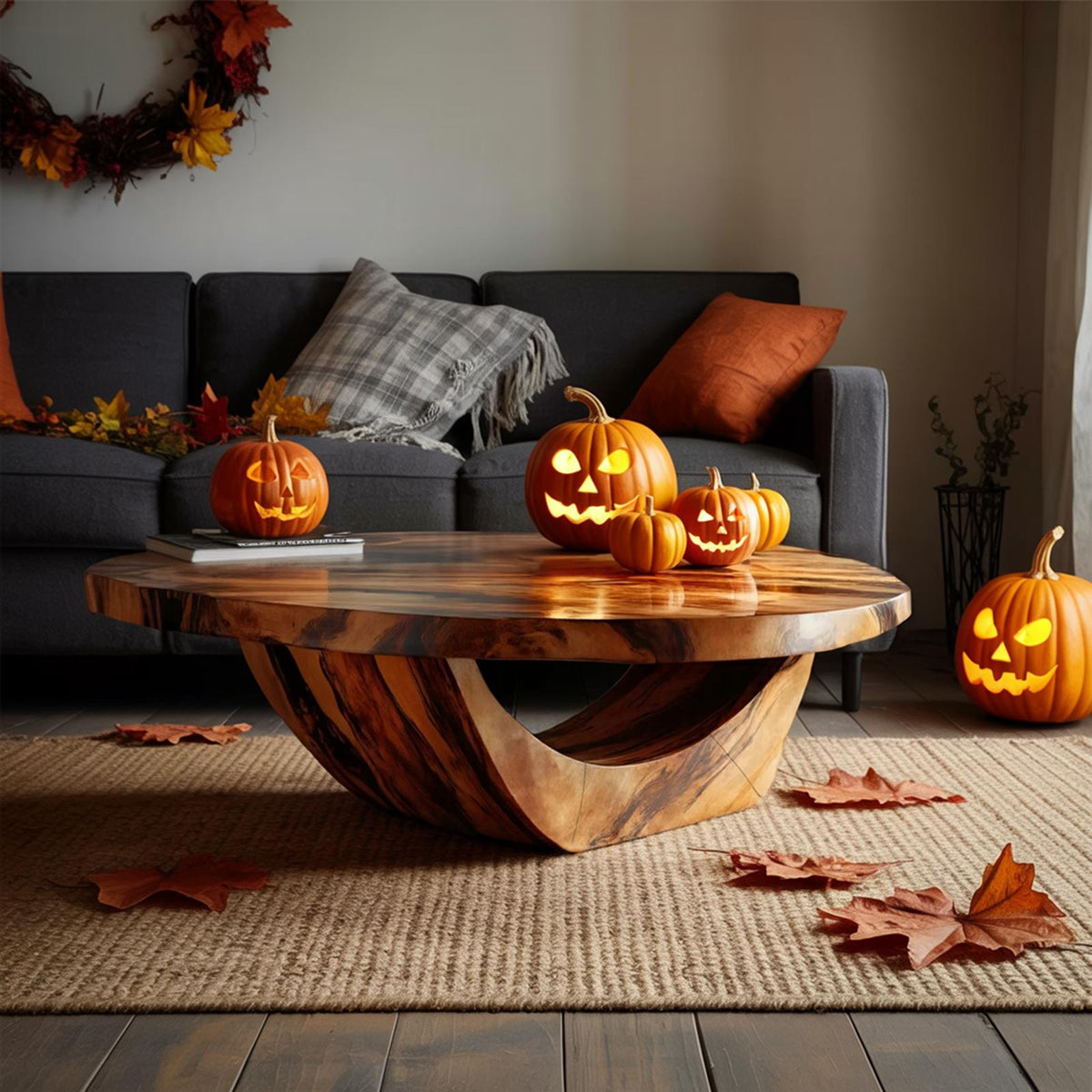 Modern Solid Wood Coffee Table, Ghostly Halloween Style Sculptural Live Edge Accent Table for Living Room
